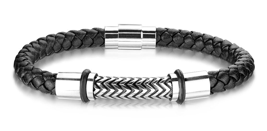 Black Leather and Stainless Steel Braided Bracelet  MMB-12